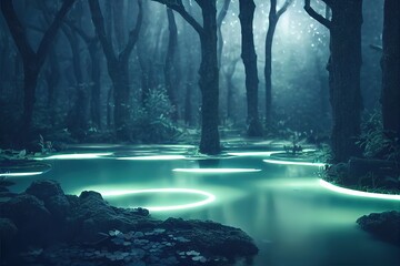 portal in the foggy night forest. light portal. Mystical and magical concept. 3D rendering, raster illustration.