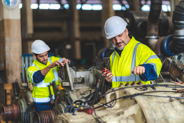 professional technician engineer working to check safety system of heavy industry manufacturing machine in construction plant and service a factory equipment of production job technology