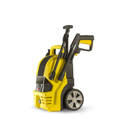 a yellow high-pressure washer on wheels is isolated on a white background.