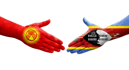 Handshake between Eswatini and Kyrgyzstan flags painted on hands, isolated transparent image.