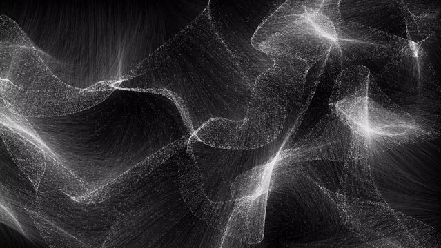 Flying silver wave lines with particles flash on black background.