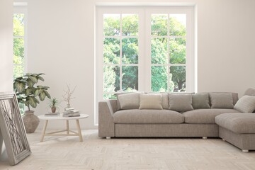 White living room with sofa and summer landscape in window. Scandinavian interior design. 3D illustration