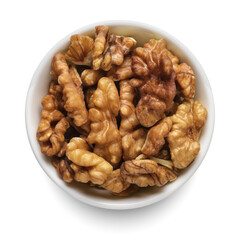 Peeled walnuts in white bowl isolated on white. Top view.