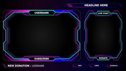 Game live stream interface overlay frames for gamer broadcast. Online streaming banners and menu bars isolated on background.