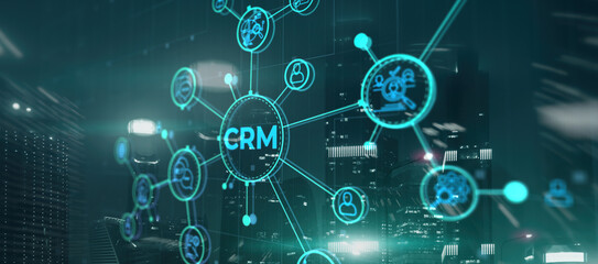 CRM. Customer Relationship Management on modern city background
