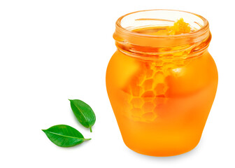 Honey. Fresh honey  jar and green leaves isolated on white background. Creative lyout. Top view. Flat lay.