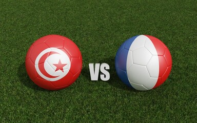 Footballs in flags colors on grass .Tunisia with France. World Cup football championship 2022 .3d rendering - obrazy, fototapety, plakaty