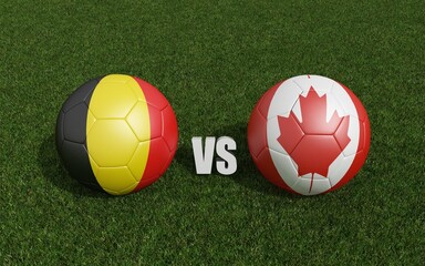 Footballs in flags colors on grass . Belgium with Canada. World Cup football championship 2022 .3d rendering