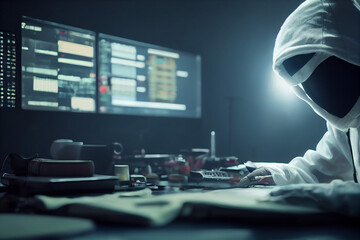 Hacker im weißen Hoodie beugt sich über seine Arbeit