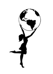 Girl holds the Earth in her hands. Woman bring the worldbring the world