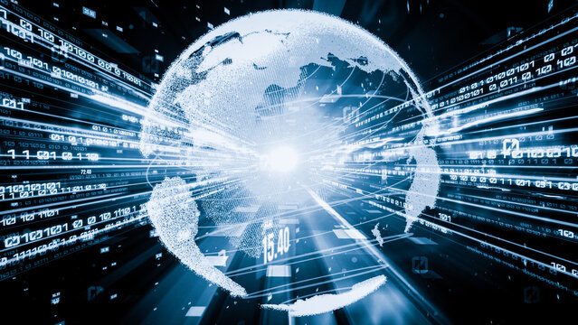 Futuristic global network and tacit digital data transfer 3D graphic . Concept of smart digital transformation and technology disruption that changes global trends in new information era .