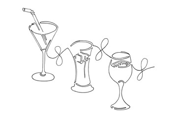 continuous line drawing of exotic cocktail drinks. Vector doodle