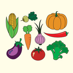 different kinds of isolated color vegetables. including corn, tomatoes, cabbage, chilies, pumpkin, eggplant and onions