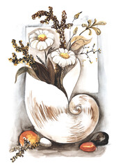 Two white daisies with a yellow center in a huge shell vase. Decor corals twigs of dry grass. Marine theme. Light sketchyflowers in vase still life. Hand painted watercolor post card illustration.