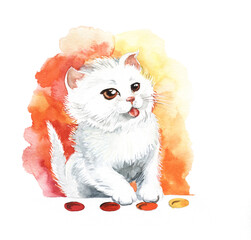 Cute fluffy white kitten presses with paws yellow, red, orange buttons. Warm palette. Multicolor background. Single illustration element. Hand painted watercolor. Colorful cartoon drawing isolated png