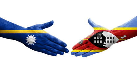 Handshake between Eswatini and Nauru flags painted on hands, isolated transparent image.