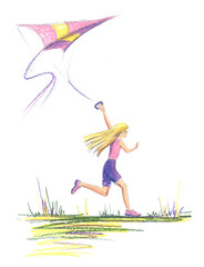 Young little girl in pink and purple clothes, blond hair, runs with kite. Sunny summer day Illustration element. Hand colorful drawing wax crayons, oil pastels, chalk . isolated on white background.