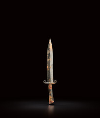 Rusty old knife, combat weapon blade, military and hunting dagger. Medieval weapon, 3d rendering