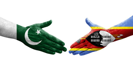 Handshake between Eswatini and Pakistan flags painted on hands, isolated transparent image.