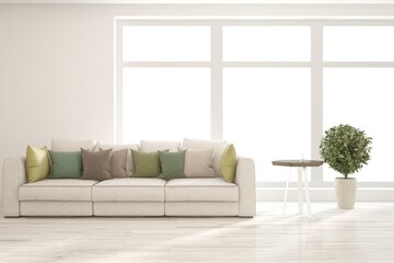 White living room with sofa. Scandinavian interior design. 3D illustration
