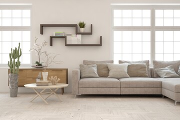 White living room with sofa. Scandinavian interior design. 3D illustration