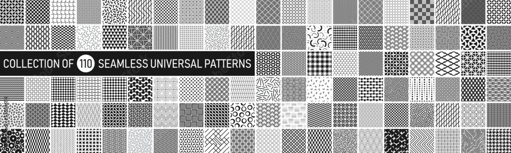 Poster Collection of vector seamless geometric ornament patterns in difrent styles. Monochrome repeatable backgrounds. Endless black and white prints, textile textures
