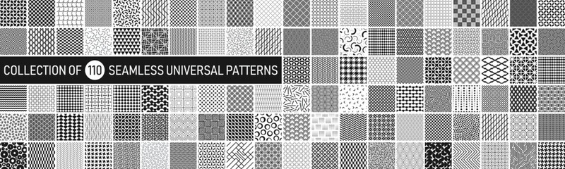 Collection of vector seamless geometric ornament patterns in difrent styles. Monochrome repeatable backgrounds. Endless black and white prints, textile textures - 538646114