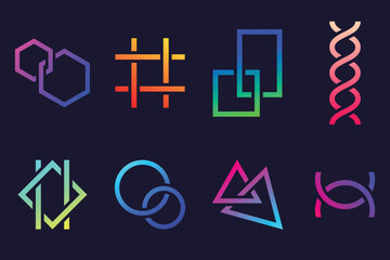 Collection of colorful geometric logos isolated on dark background. Bright gradient icons. Vibrant creative design - vector objects