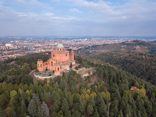 Obraz premium Italy, October 2022- aerial view of the Sanctuary of the Blessed Virgin of San Luca on the hill of Bologna