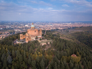 Fototapeta premium Italy, October 2022- aerial view of the Sanctuary of the Blessed Virgin of San Luca on the hill of Bologna