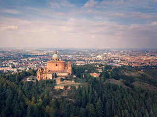 Fototapeta na wymiar Italy, October 2022- aerial view of the Sanctuary of the Blessed Virgin of San Luca on the hill of Bologna