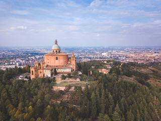 Italy, October 2022- aerial view of the Sanctuary of the Blessed Virgin of San Luca on the hill of...