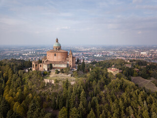 Fototapeta na wymiar Italy, October 2022- aerial view of the Sanctuary of the Blessed Virgin of San Luca on the hill of Bologna