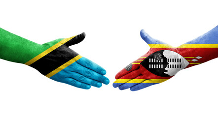 Handshake between Eswatini and Tanzania flags painted on hands, isolated transparent image.