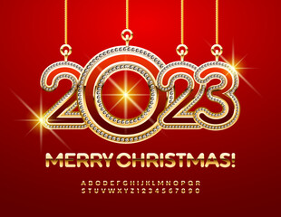 Vector beautiful Greeting Card Merry Christmas with decorative toys 2023! Golden Font. Elegant Alphabet Letters and Numbers set