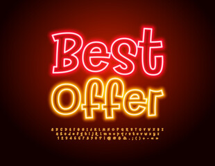 Vector promo Banner Best Offer.  Handwritten Neon Font. Creative glowing Alphabet Letters and Numbers set