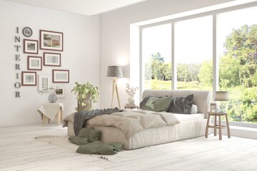 Stylish bedroom in white color with summer landscape in window. Scandinavian interior design. 3D illustration