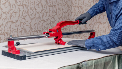 A worker cuts facing tiles with a tile cutter