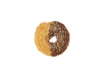 chocolate butter biscuits with coconut chips isolated on a white background