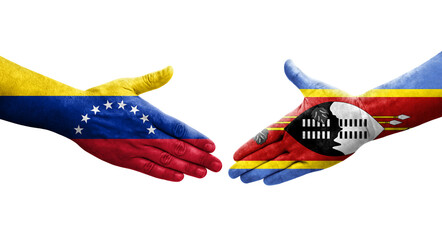 Handshake between Eswatini and Venezuela flags painted on hands, isolated transparent image.