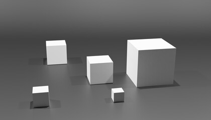 3d rendering of some white cubes with different sizes in a black background 