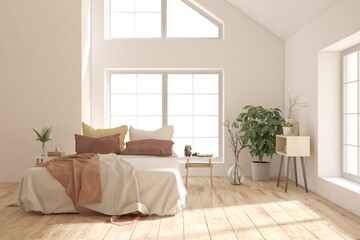 Soft color bedroom interior. Scandinavian design. 3D illustration