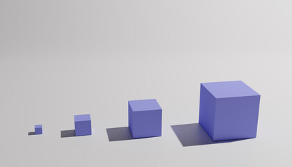 Abstract render of four clue cubes with different sizes in front of a white background