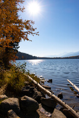 autumn trees overlooking beautiful blue lake with mountains in background