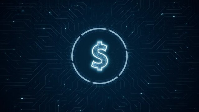 Motion graphic of Blue digital money logo and futuristic technology circle HUD with circuit board and data transfer on abstract background financial concepts