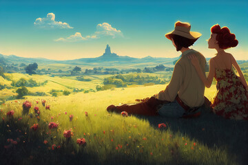 Fototapeta premium animation cartoon scene of a country couple in a field of flowers and a big mountain in the background