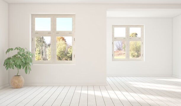 Stylish empty room in white color with autumn landscape in window. Scandinavian interior design. 3D illustration