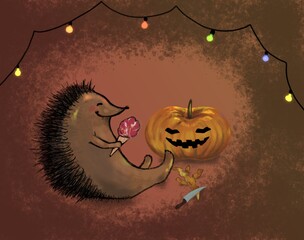 drawing cozy mink hedgehog worked on a pumpkin getting ready for halloween and relaxing with ice cream