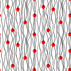 Seamless pattern of interlacing black lines and red circles. Red beads on black threads, abstract background.