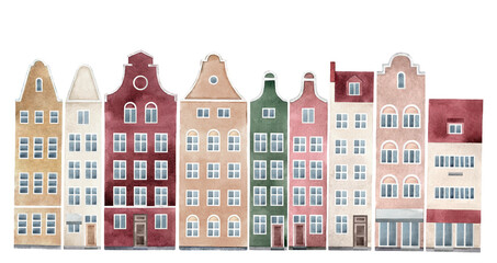 Watercolor hand drawn illustration of old town houses panorama. Isolated buildings on transparent background.